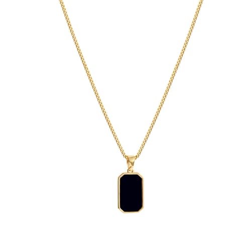 Black Square Onyx Pendant Necklace Gold Plated Vintage Simple Gemstone Rectangle Geometric Small Lightweight Chain Necklace for Women Men Minimalist Birthday Prom Wedding Party Fashion Jewelry Gifts