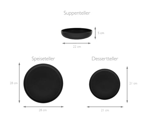 CreaTable, 22979, Serie uno BLACK, 12-teiliges Geschirrset, Teller Set aus Steinzeug, spülmaschinen- und mikrowellengeeignet, Made in Portugal