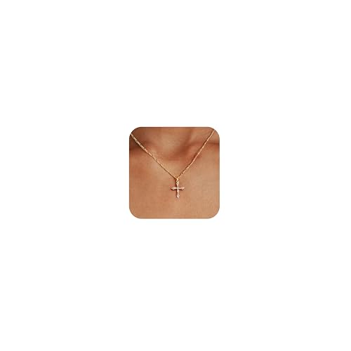 LuckFairy 14K Gold Plated Cross Necklace for Women,Dainty Cross Necklace 14K Gold Plated CZ Pendant Necklaces Simple Charm Cute Necklaces for Women Trendy Jewelry Gifts Valentine Jewelry Women Gifts