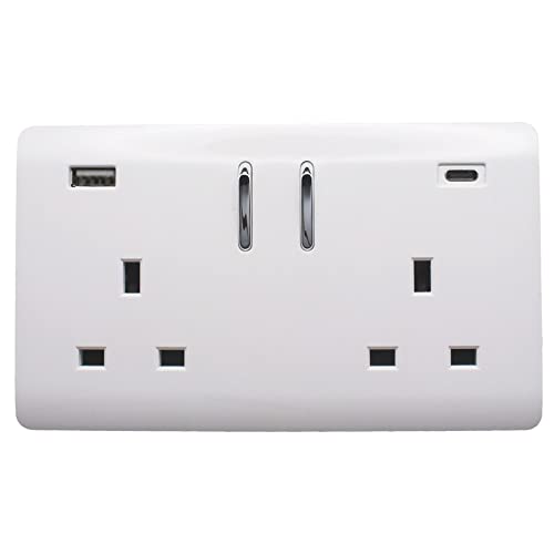 Trendi 2 Gang Artistic Modern Glossy 13 Amp 2 x Type A & C 3.1A USB Switched Plug Socket Ice White