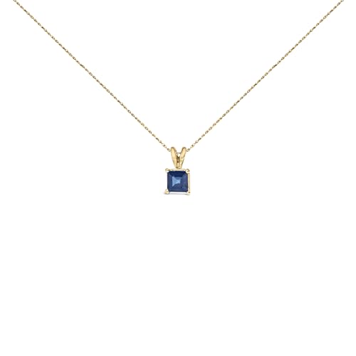 14K Yellow Gold 5x5 MM Square Shaped Blue Sapphire Solitaire Pendant Necklace