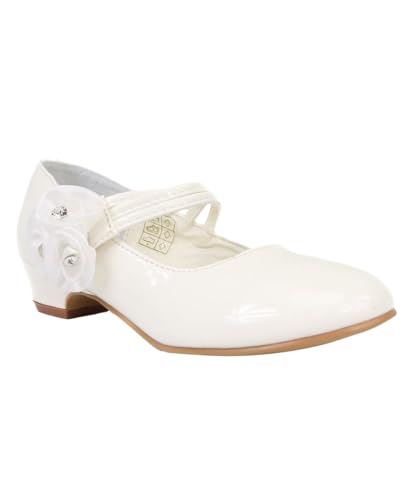 Girls Patent Dress Shoes Low-Heel with Floral Embellish - Ideal for Weddings & Communions