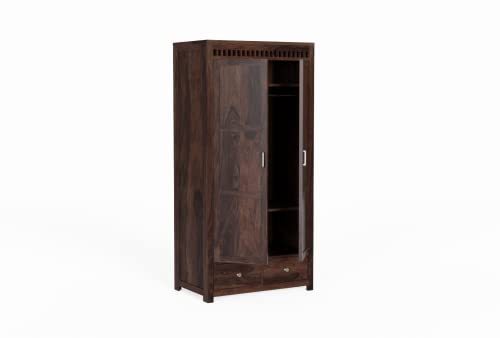 Image of Wooden 2 Door Wardrobe for Bedroom, Almirah with 2 Drawers & Multiple Shelves Storage, Solid Sheesham Wood, Walnut Finish
