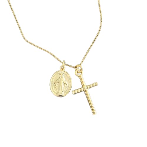 Collier double pendentif en argent 925 avec croix et médaille de Marie pour femme
