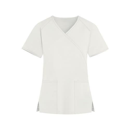Image of FONMA Scrub Tops Women Plus Size Stretchy V-Neck Scrub Shirts with 4 Pockets Breathable Short Sleeve Nurse Uniforms