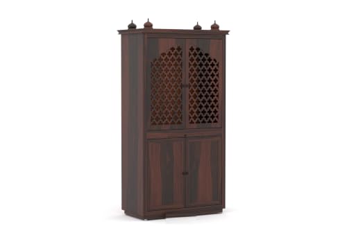 Image of Solid Sheesham Wood Temple for Home & Office /Mandir /God Stand /Pooja Stand /Home Mandap /Mandapam with Cabinet Doors & Multiple Storage (Walnut-2, Large)