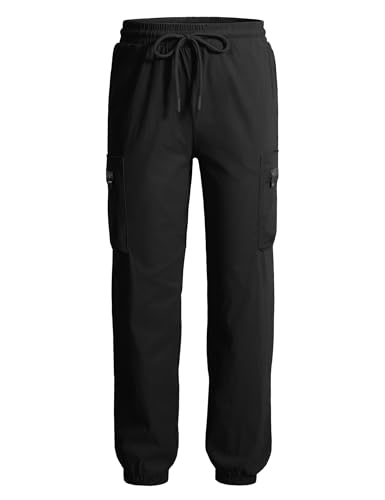 KEREDA Boys Waterproof Trousers Quick Dry Kids Cargo Jogger for Outdoor Regular Fit with Multi-Pockets Elasticated Waistband Drawstring Black Grey Age 7-13