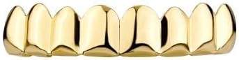 18K Gold Plated Gold Finish 8 Top Teeth 6 Bottom Tooth Hip Hop Teeth Grillz + 2 Molding Bars for Men and Women