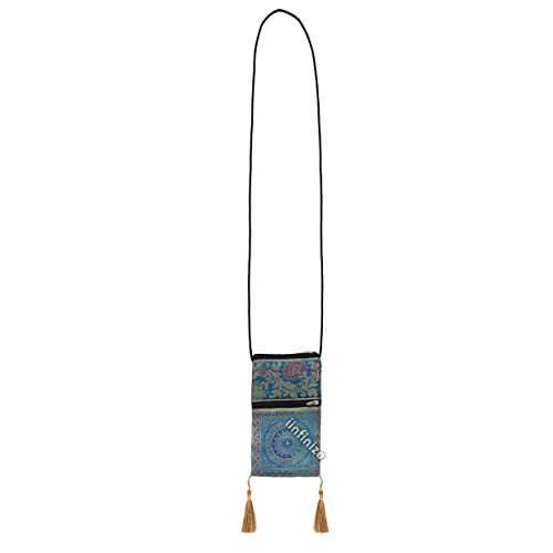 iinfinize Golden Zari Sac à main en brocart de soie Motif mandala Sac à main Rangement pour pièces de monnaie Kit de maquillage Broderie Motif pompon, bleu ciel Cover