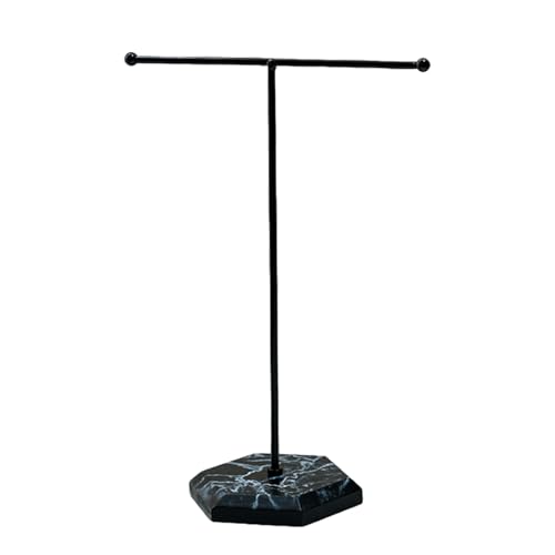 T Shape Necklace Stand Jewellery Holder Organizer Display Jewelry Organiser Necklaces Earring Storage T-Bar Hanging Pendant Rack with Marble Pattern Tray for Bracelets Rings Watches Keys (Black)