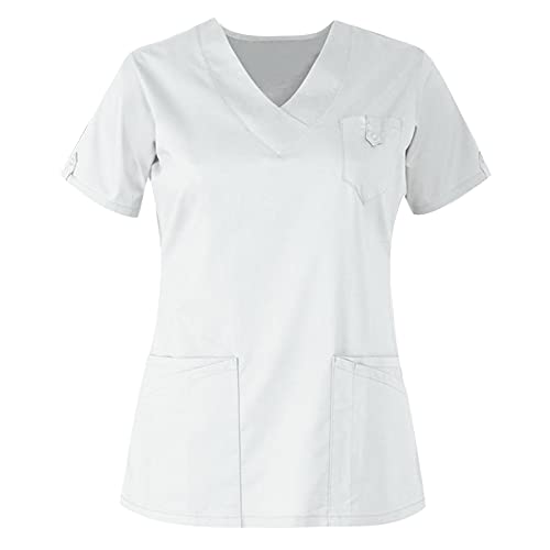 BUDAOWENG Tunique Medicale Femme Grande Taille Blouse Infirmiere Manche Courtes Haut Col en V Laboratoire Uniforme De Travail pour Femme Blouse Medicale Femme Couleur avec Poches Cover
