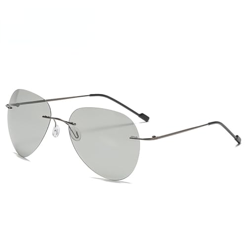 Preisvergleich Produktbild SONISA Herren-Sonnenbrille mit ultraleichten polarisierten photochromen Gläsern aus Titan, randlose Nachtsichtbrille im Luftfahrtstil, Gun grey Photochromi,h