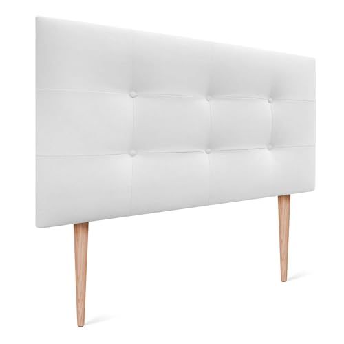 DHOME Cabecero Capitone Tapizado Polipiel o Tela Acualine con Patas de Madera de Pino 8cm de Grosor Cabezales de Cama Acolchado Capitoné Cabeceros de Cama (Tela Blanco, 90 (80/90))