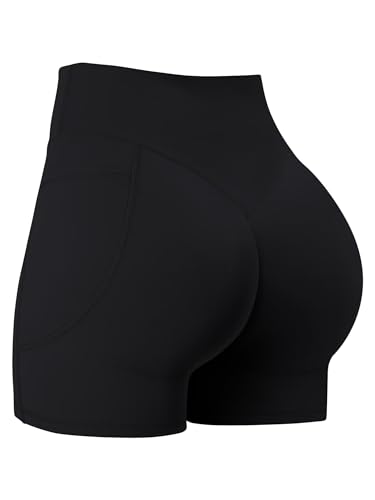 Sunzel Hidden Butt Lifting Scrunch 4 Inch Biker Shorts with Pocket Women No Front Seam High Waist Tummy Control Yoga Shorts Black Medium