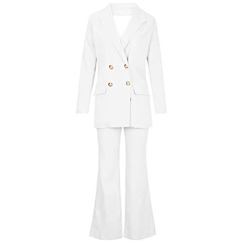 Women's Suit Coat And Pant Set Ladies Fashion Business Casual Loose Solid Long Blazer Coat & 3/4 Leg Pants 2Pc Suit D-White #TOP3