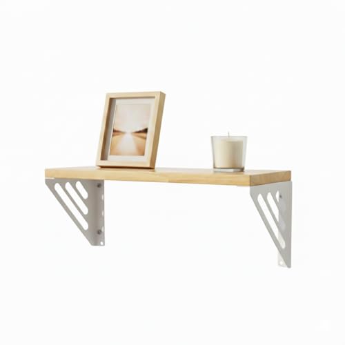 Image of Wall Shelf with Wooden Top Black|White Iron Brackets Storage Rack|Industrial Wall-Mounted Floating Shelf for Living Room,Kitchen,Bathroom (White Lines Small)