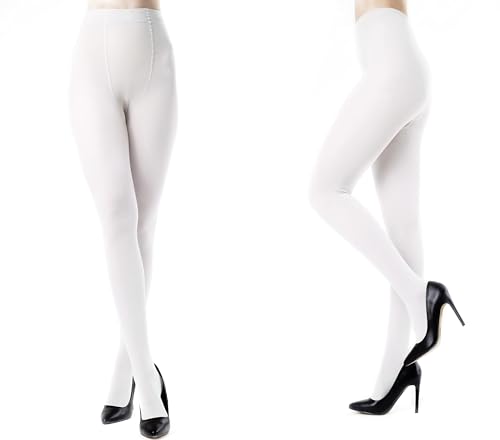 Carnavalife 2 Pares Medias Lisas Enteras de Tiro Alto para Mujer Adulto, Leggins Leotardos Panties Lisos de Microfibra Elasticos Semiopacas (Blanco)