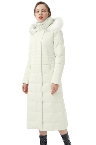 Orolay Women's Long Down Jacket with Faux Fur Trim Ladies Hooded Coat Quilted Padded Jacket with Raglan Sleeve New-White S