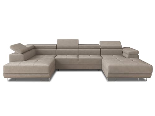 Sofnet Wohnlandschaft Caris U mit Schlaffunktion und einstellbare Kopfstützen, Ecksofa mit Zwei Bettkästen, Couch, Sofa, Bettsofa (Beige (Paros 02), Ecksofa Rechts)