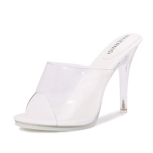 Women's Transparent One Strap Sexy Stiletto Heels Round Peep Toe Clear High Heels Slip-On Dress Heeled Mule Sandals for Formal Wedding Prom Party Evening