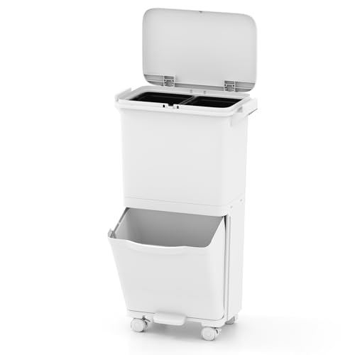 LIFEZEAL 40L Pattumiera Differenziata a 3 Scomparti, Stretto, Coperchio a Pressione, Pedale, 4 Ruote, 2 Maniglie, Cestino Spazzatura Rimovibile, Bidoni Interno, Secchio Rifiuti, Raccolta, Cucina