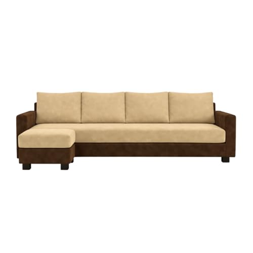 Image of SOCOZI Braven 5 Seater L Shape Sofa Set with Movable Ottoman | Flexible Layout | Soft Velvet Suede Fabric | Modern Design | Plush Comfort Cushions for Living Room (Dark Brown-Beige)