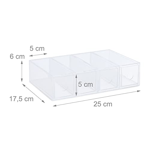 Relaxdays Plastic Organiser Box, Four Drawers, Acrylic, Extra Storage, Compartments, HxWxD: 6x25x17.5 cm, Transparent - Image 4
