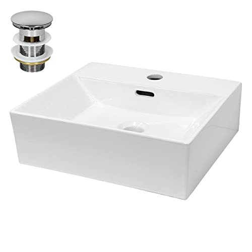 LuxeBath Waschbecken Keramik 415x360x130 mm eckig Weiß mit Ablaufgarnitur Silber, Aufsatzwaschbecken Badezimmer/Gäste-WC, Aufsatzbecken, Hängewaschbecken Wandmontage, Waschtisch Waschschale Waschplatz