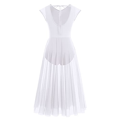 Odasdo Lyrical Dance Costumes For Women Adult Modern Contemporary Dancewear Cap Sleeve V-Neck Flowy Mesh Tulle Split Maxi Long Dress Ballet Leotard Ballroom Stage Performance Costume White L #TOP2