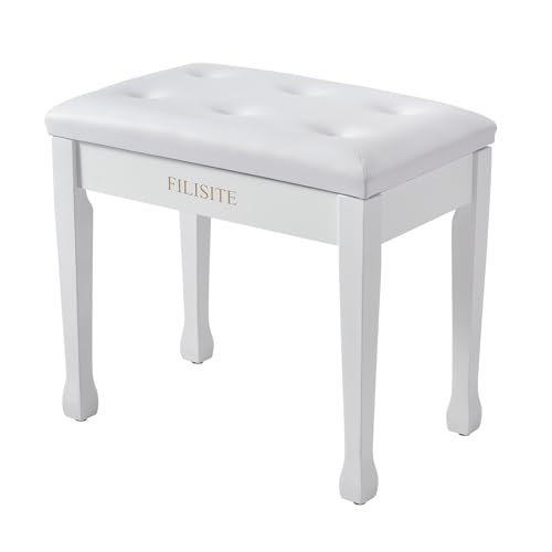 FILISITE Wooden Piano Bench with Storage, Piano Stool with Waterproof Padded Cushion, Bench Seat for Vanity, Living Room, Bedroom (White)