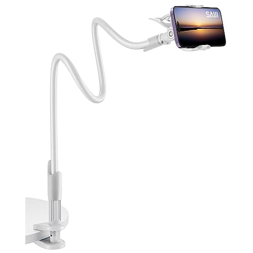 SAIJI Soporte para teléfono Gooseneck, Soporte movil Cama Celular para Cama, Soporte de Brazo Perezoso 360, teléfonos móviles Compatible con iPhone, Samsung, Dispositivos de Pantalla de 4″-7″ (Blanco)