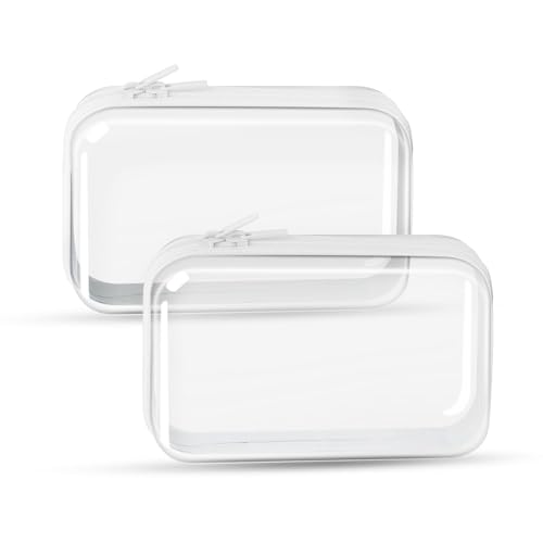 QEEYON Clear Travel Toiletry Bag, 2 Pack Clear Hard Shell Zipper Case, Carry On Plastic Bags for Airport Security, Double Zippered Cosmetic Bag for Make Up Tools, Toiletries, Building Blocks