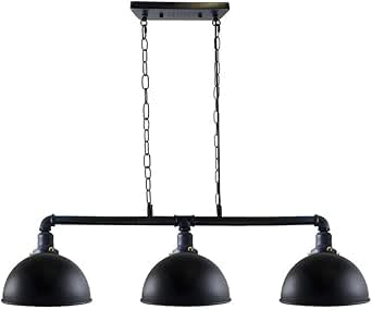 DC VOLTAGE Industrial 3 Way Pendant Light, Metal Black Pipe Bar Ceiling Lamp with Dome Shades & Adjustable Chain for Kitchen Island & Dining Room