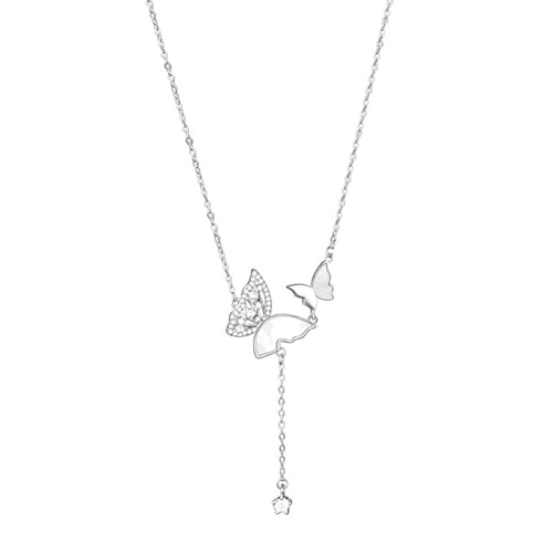 Collier argent fantaisie femme double papillons nacre pour vos soirées