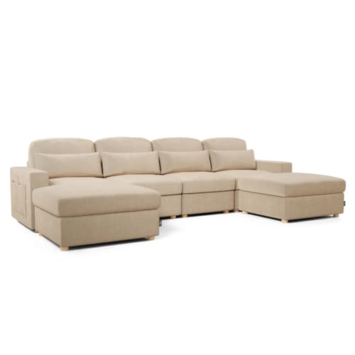 NALUI - Sofá 4 Plazas Chaise Longue Modular Bloom (360x103-193x88cm) + 2 Puff con Arcon 77L. Tejido Ultra Suave 360º y Estructura Reforzada. Incluye 4 Cojines | Máximo Confort, Beig