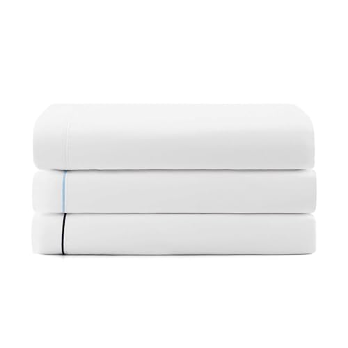 Image of Tommy Hilfiger - Sheet Set, Cotton Percale Bedding with Matching Pillowcases, Crisp & Cool, Solid Design with Hem Stripe (White /Navy, Full)