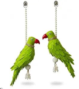 Parrot Hanging Ornament with Pearl Chain, Green with Red Beak, Handcrafted Bird Design, Decorative Door & Wall Hanging | Parrot Latkan for Pooja, Festival, Wedding, Home & Event - Pack of (2)-image-6