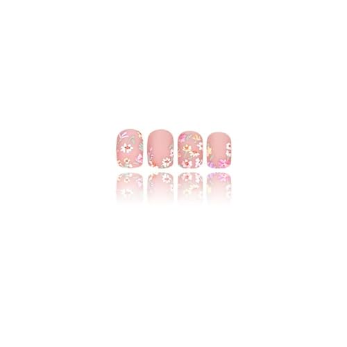 Image of Flower Press on Nails French Tip Fake Nails Nude False Nail Press on Nail with Design Short Square Glossy Full Cover Small Floral Glue on Nail for Women Manicure 24Pcs