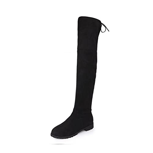 Botas por Encima de la Rodilla de tacón bajo para Mujer Botas de Gamuza de Invierno cálidas Botas de Alta Elasticidad Zapatos con Cordones cómodos y de Moda,43,Black Cover