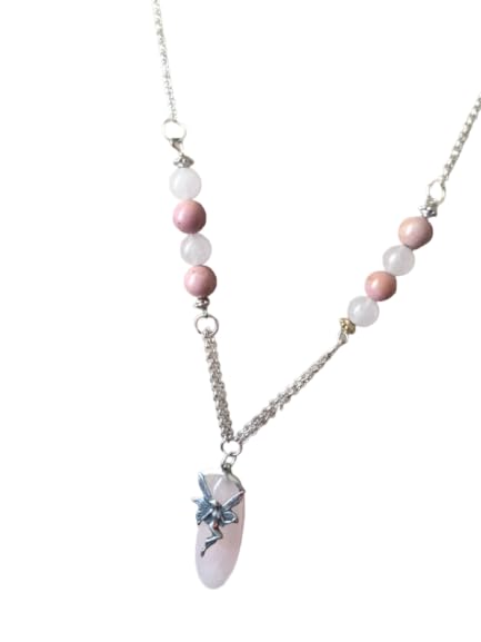 Sautoir quartz rose d'exception et rhodonite au pendentif fée
