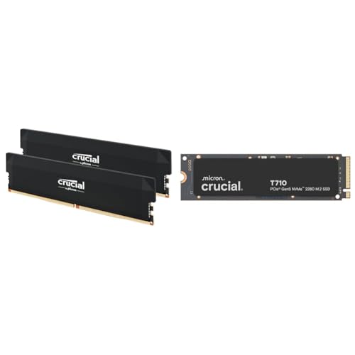 Crucial Pro DDR5 RAM 32GB Kit (2x16GB) 6400MHz CL38, Overclocking Desktop Gaming Memory CP2K16G64C38U5B + Crucial T710 4TB Gen5 NVMe SSD CT4000T710SSD8-01