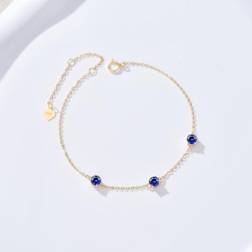 14k Gold Round-Cut Gemstone Bracelet for Women,0.9 CTTW(4MM*3) Created Birthstone Anniversary Birthday Mother's Day Simple Bracelets Jewelry for Mom Her 6.5''+2''4