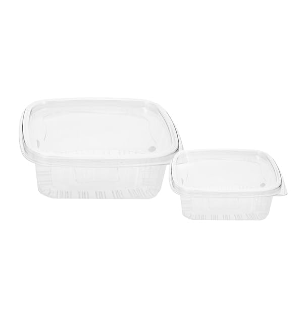 50 Envases de Plástico PET con Tapa Bisagra, 2000ml, Transparente, Tapa Abatible, Reciclable, Desechable, Tarrina para Comidas, Take Away, Comida para Llevar.