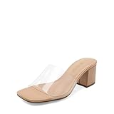 DREAM PAIRS Women's Square Open Toe Heels Sandals Low Block Chunky Heeled Sandals Slide Sandals Slip on Comfortable Casual Pumps Shoes,Size 7.5,Nude-Clear,SDHS2432W