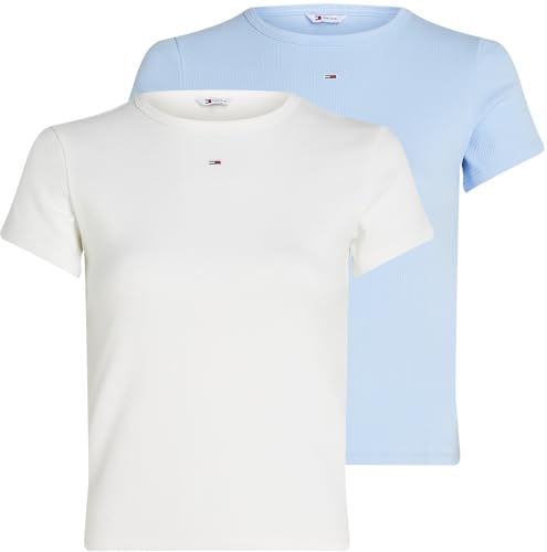 Tommy Jeans Damen 2er Pack T-Shirts Kurzarm Essential Rib Slim Fit, Mehrfarbig (Ecru/Sweet Blue), XXS – Ansicht 1