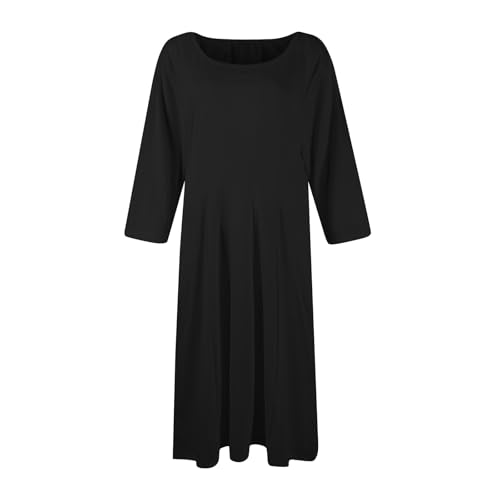 Spring Dresses for Women 2025 3/4 Sleeve Round Neck Church Dresses Pleated Knee Length Dress with Pockets Curvy Dress3