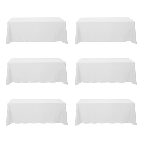 Image of BRILLMAX 6 Pack White Tablecloths 90 x 156 Inch for 8ft Rectangle Tables - 150 GSM Polyester Fabric, Floor Length Drop, Water, Stain & Wrinkle Resistant Cloth Cover for Wedding Reception Banquet