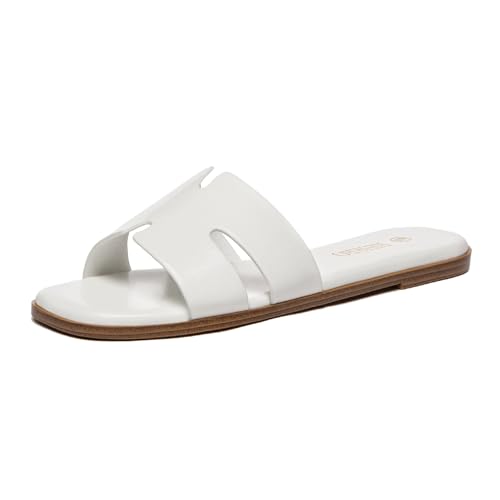 Rihero White Flat Sandals Women Dressy Summer Slip On Leather Slides 7 by Rihero - Used condition - US$23.17