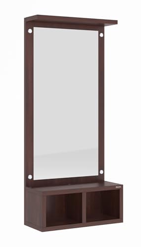 Image of Engineered Wood Wall Mounted Dressing Table with Mirror and Storage Shelves, Wenge Brown Finish, Engineered Wood, 82.5x37x14 cm I Rectangular Mirror Bedroom Living Room Stand