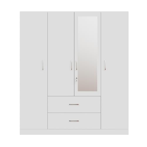 Image of VIKI Wardrobe | Wooden Almirah for Clothes,Door for Bedroom, 4 Door Wardrobe with Drawer, Mirror & Hanging Space (Frosty White - 40D x 160W x 180H) | 1 Year Warranty | Free Assembly